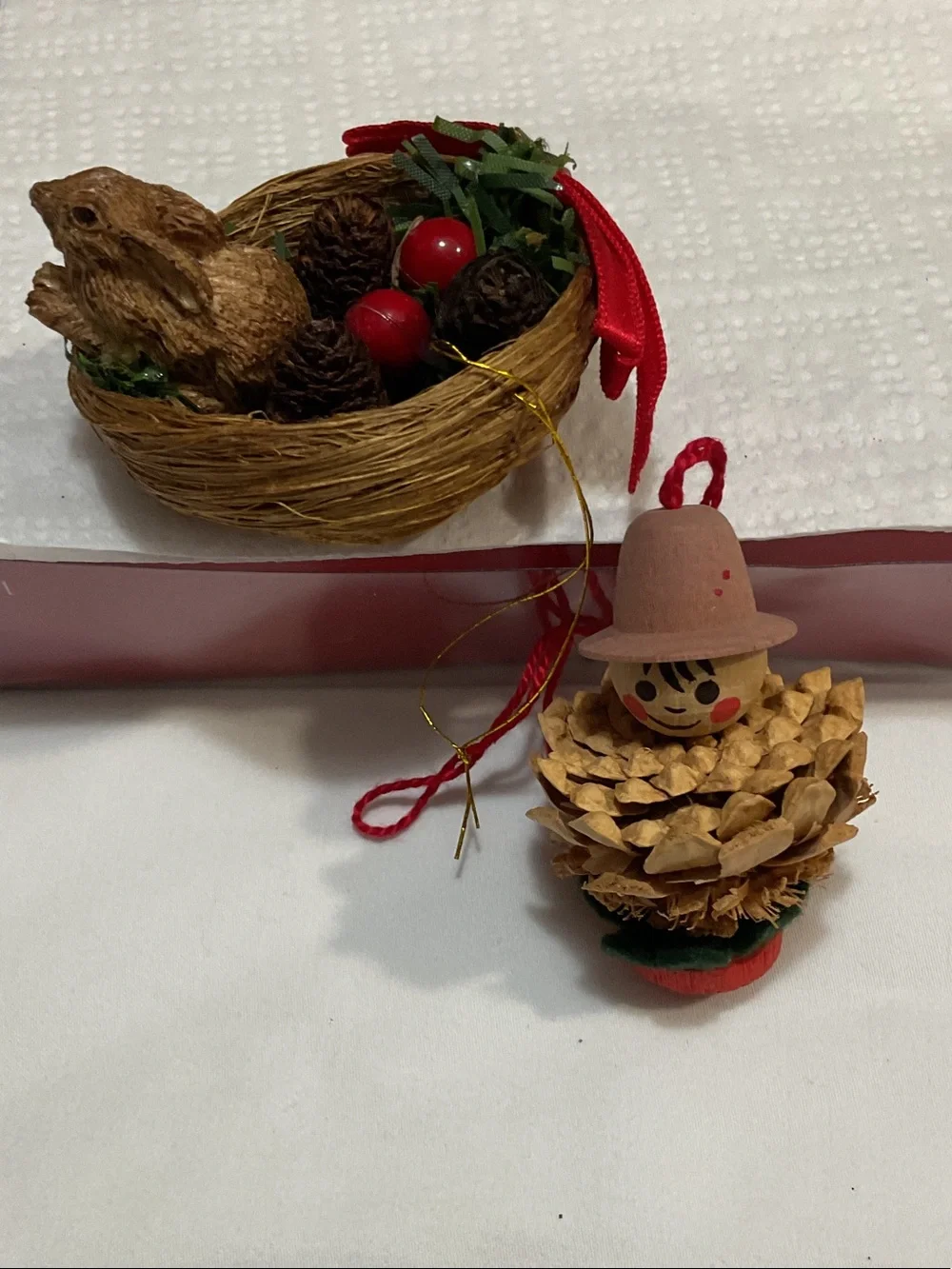 Handmade Pinecone Holiday Ornament - Natural and Red